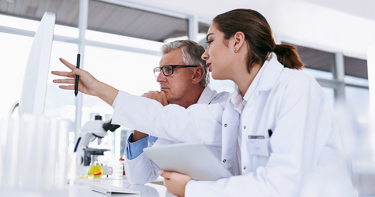 Scientists, tablets and teamwork in scientific experiments, results or collaboration on the computer in the laboratory.
